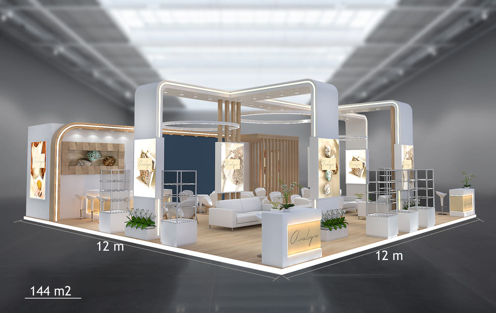 Stand de 144 m² (12 × 12 m): doble arco luminoso, salón central y almacén integrado.